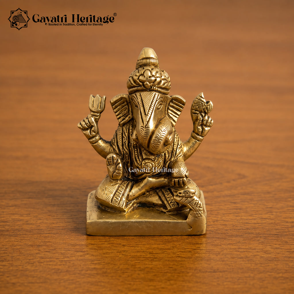 Small Brass Ganesha Idol | Antique Gold Seated Ganesh Murti | Handcrafted Car Dashboard & Home Temple Decor | Spiritual Gift