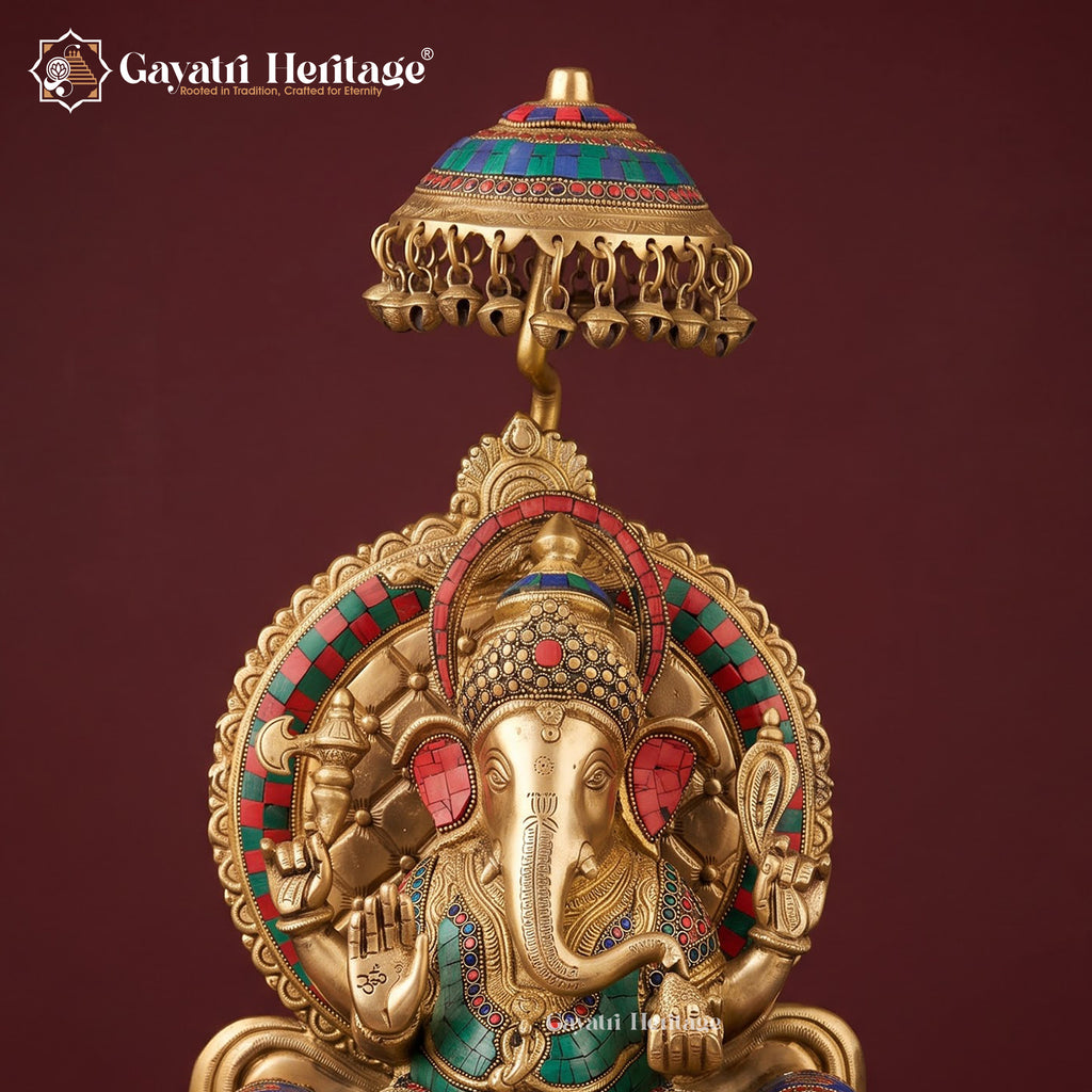 Large Brass Ganesha Idol on Throne with Chatri | Stone Inlay Ganpati Sculpture