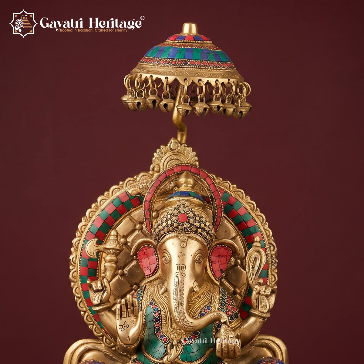 Large Brass Ganesha Idol on Throne with Chatri | Stone Inlay Ganpati Sculpture