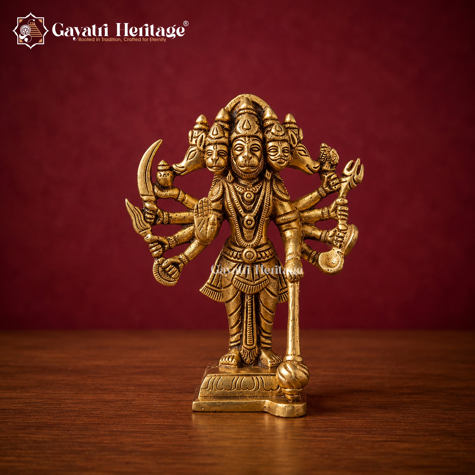 Small Brass Panchmukhi Hanuman Idol | Five-Faced Hanuman Murti | Multi-Armed Statue with Gada | Handcrafted Hindu Pooja Decor
