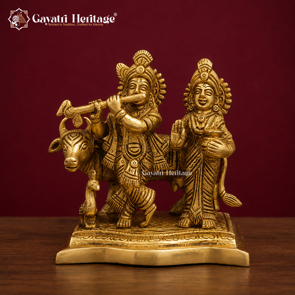 Brass Radha Krishna Statue with Cow | Antique Gold Flute Idol | Handcrafted Hindu Murti | Radha Krishna Pooja Decor | Spiritual Gift