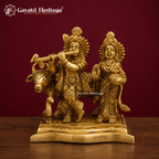 Brass Radha Krishna Statue with Cow | Antique Gold Flute Idol | Handcrafted Hindu Murti | Radha Krishna Pooja Decor | Spiritual Gift
