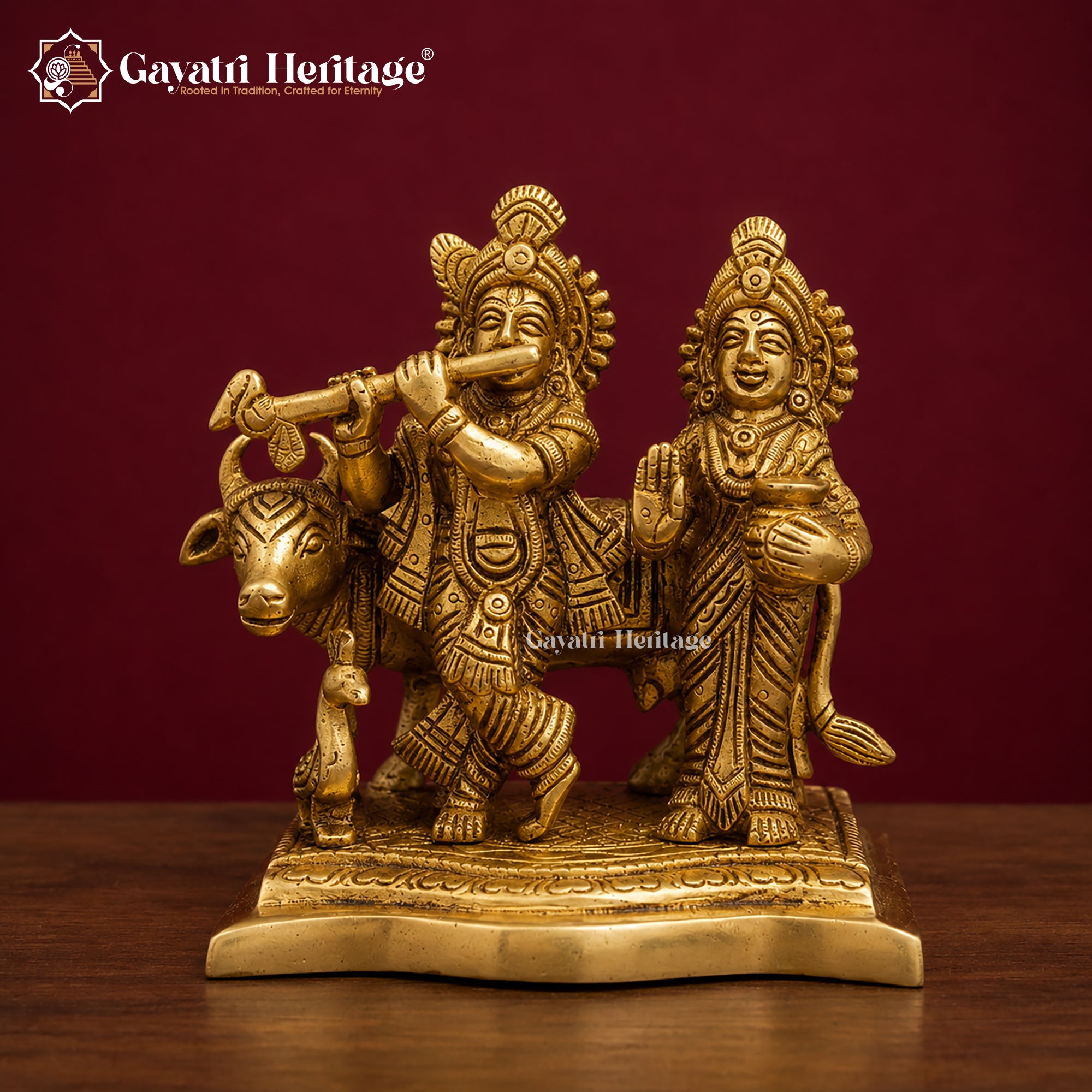 Brass Radha Krishna Statue with Cow | Antique Gold Flute Idol | Handcrafted Hindu Murti | Radha Krishna Pooja Decor | Spiritual Gift
