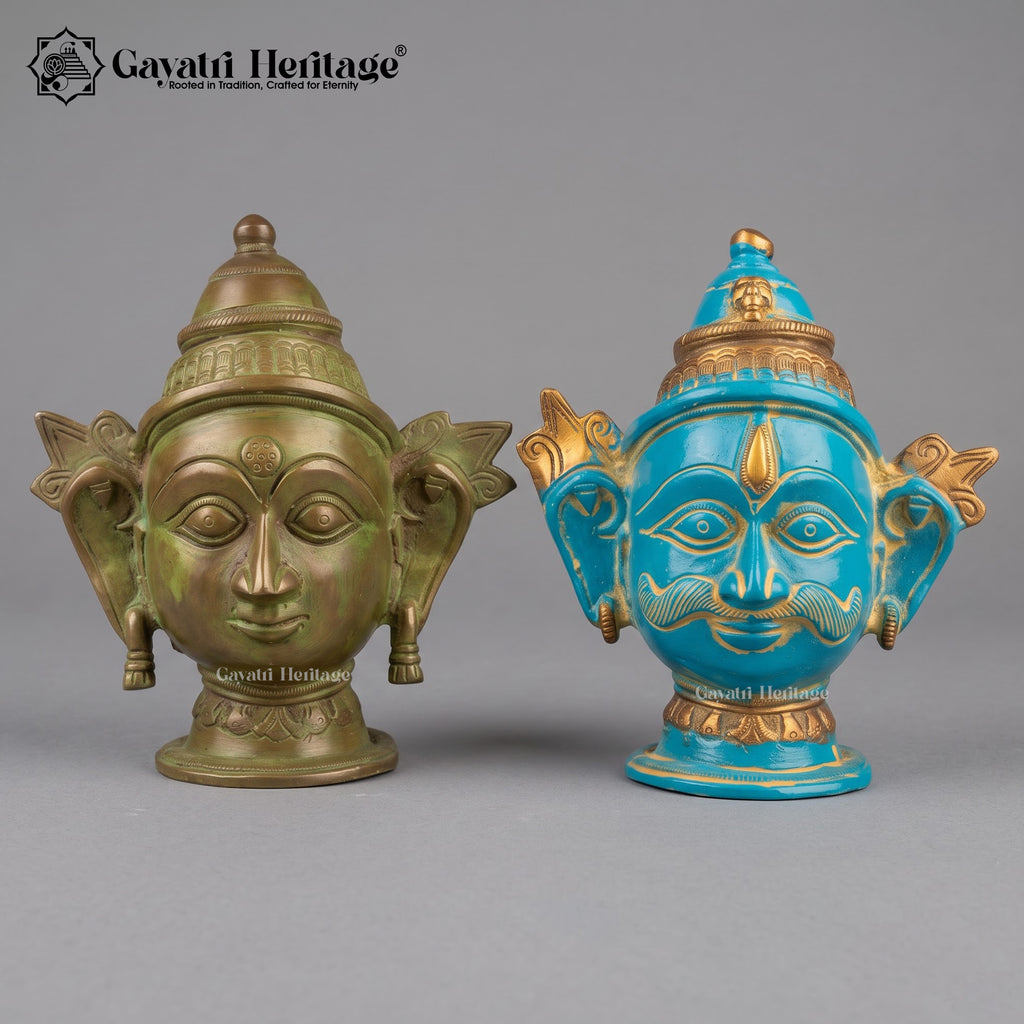 Brass Shiva Parvati Face Wall Decor Set – Turquoise Gold & Olive Bronze Finish, Set of 2