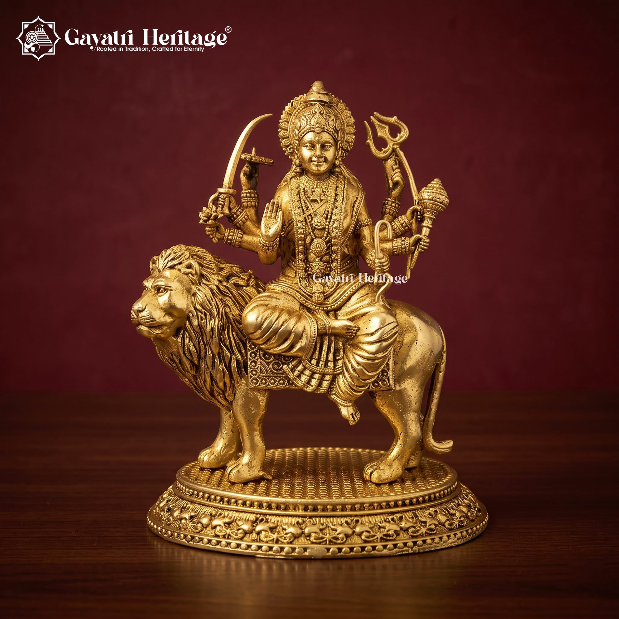 Brass Durga Maa Idol on Lion | Handcrafted Hindu Goddess Statue with Ornate Base