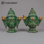 Brass Shiva Parvati Face Wall Decor Set – Antique Green & Gold Finish, Handcrafted Hindu Deity Mukha