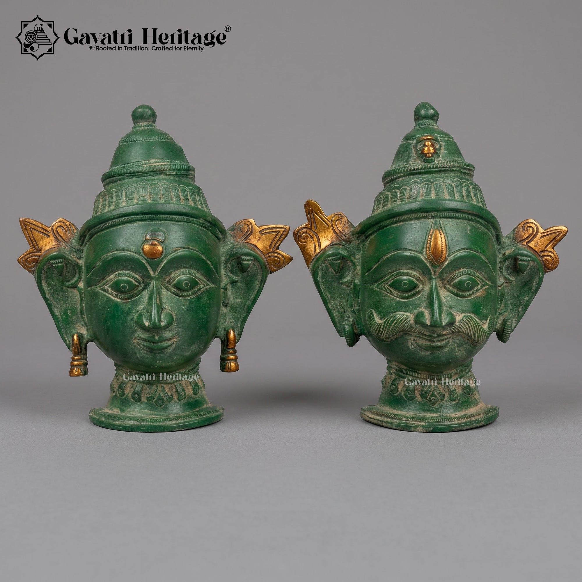 Brass Shiva Parvati Face Wall Decor Set – Antique Green & Gold Finish, Handcrafted Hindu Deity Mukha