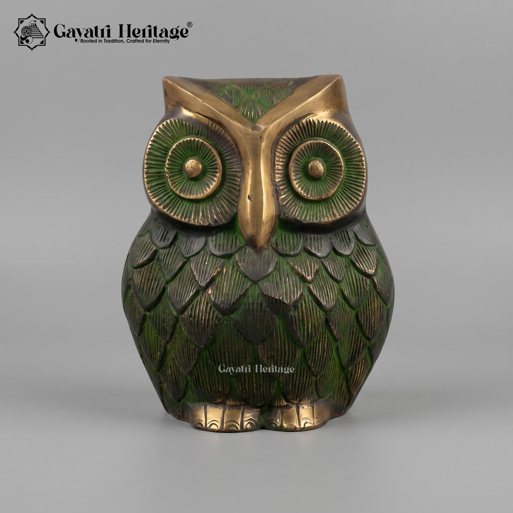 Brass Owl Statue | Antique Old Green & Gold Finish | Feng Shui Owl Figurine | Home Decor