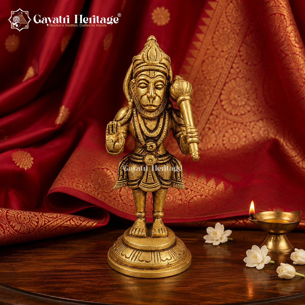 Brass Hanuman Idol | Antique Gold Bajrangbali Statue | Blessing Pose Sculpture | Handcrafted Hindu Murti | Pooja Room Decor & Gift