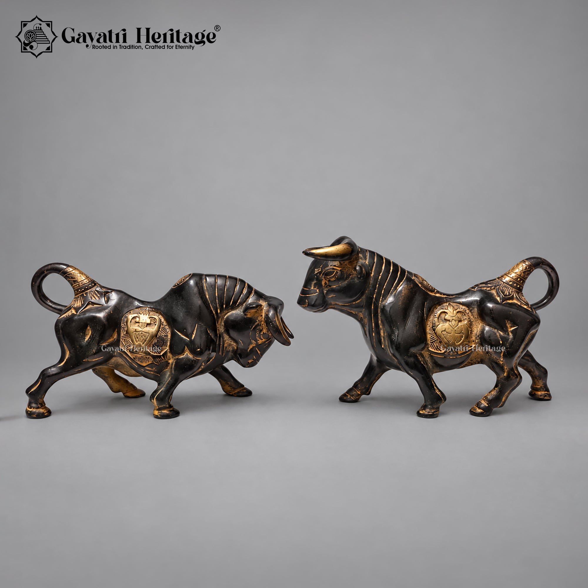 Brass Bull Statue Pair | Antique Black & Gold Finish | Symbol of Power & Prosperity