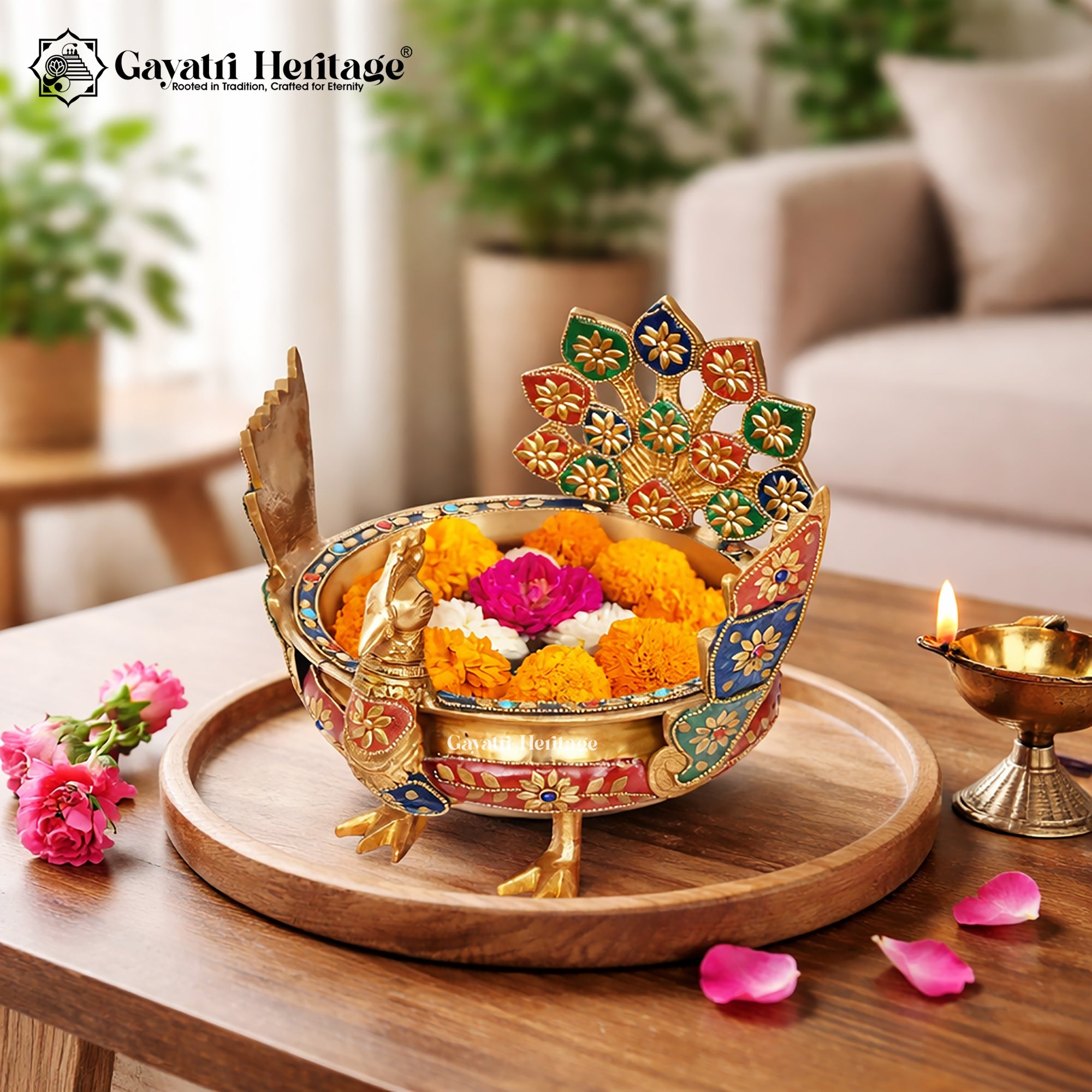 Brass Peacock Urli – Traditional Decor Bowl | Gayatri Heritage