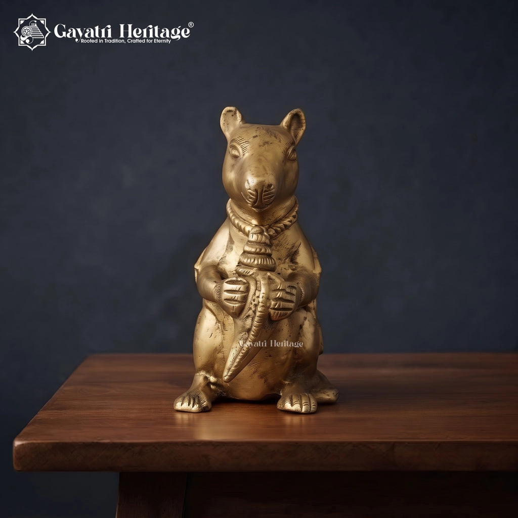 Brass Mushak with Shankh Statue | Ganesha’s Rat Vahana Conch Shell Figurine