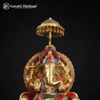 Brass Ganesha Idol with Umbrella Canopy | Stone Inlay Ganesh Statue on Throne