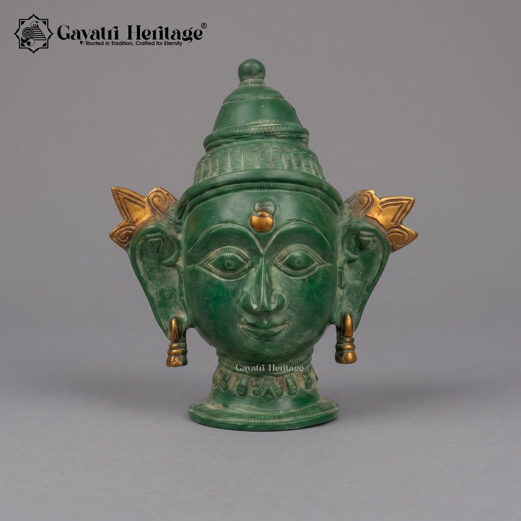 Brass Shiva Parvati Face Wall Decor Set – Antique Green & Gold Finish, Handcrafted Hindu Deity Mukha
