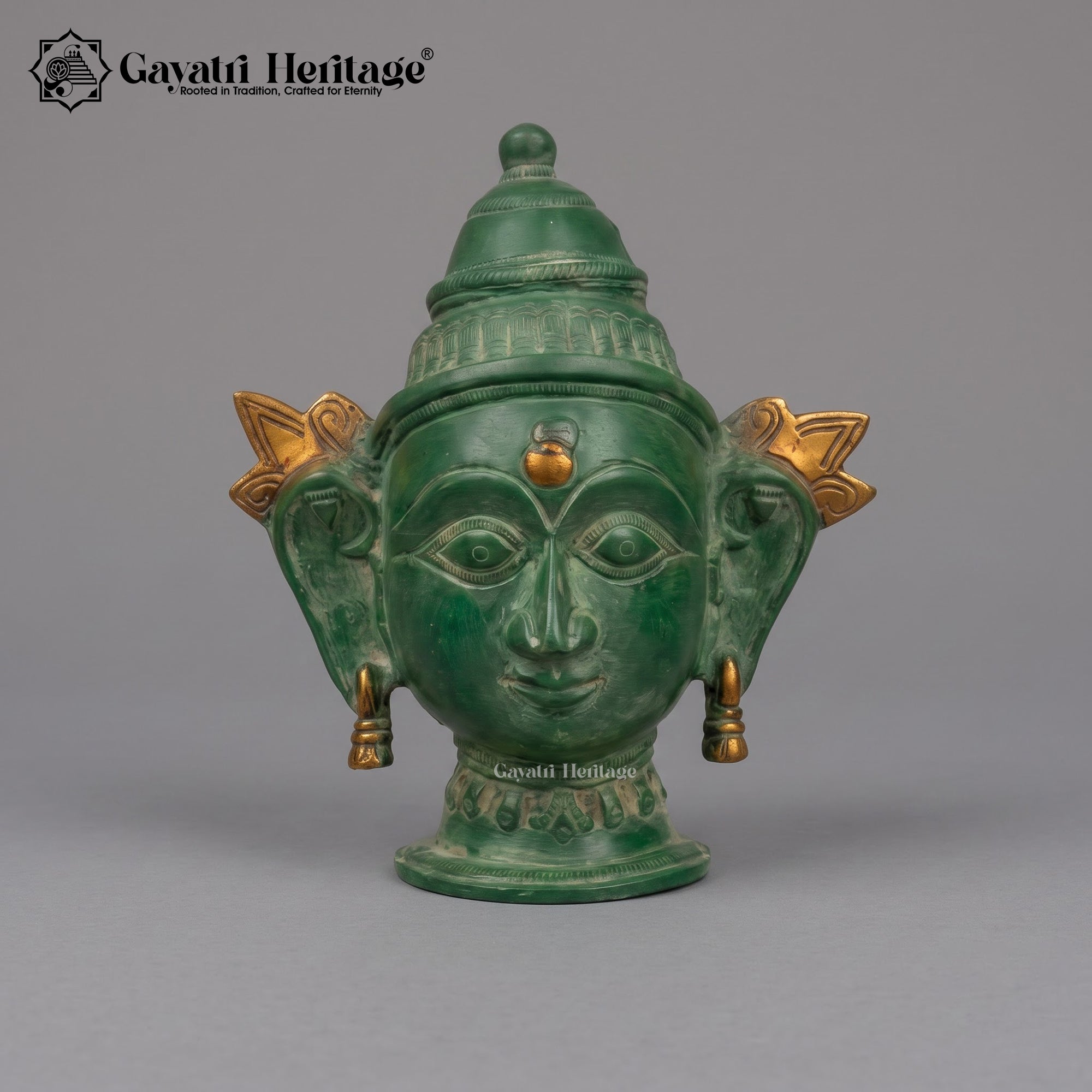 Brass Shiva Parvati Face Wall Decor Set – Antique Green & Gold Finish, Handcrafted Hindu Deity Mukha