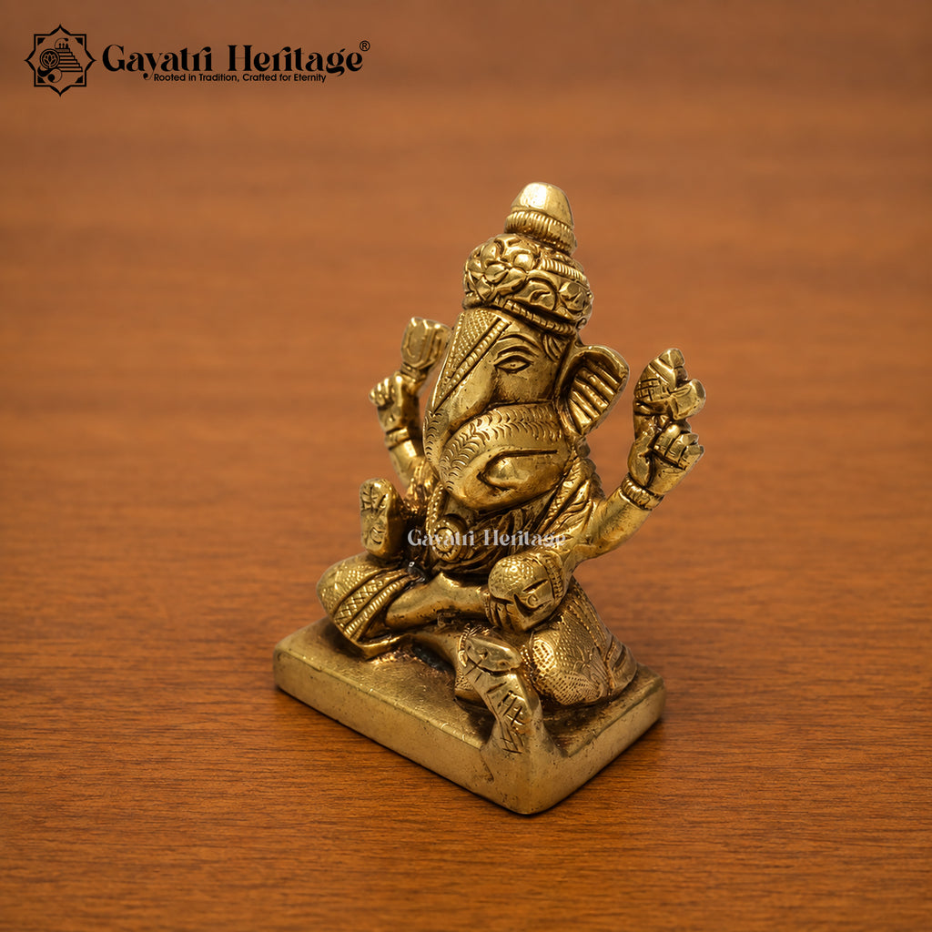 Small Brass Ganesha Idol | Antique Gold Seated Ganesh Murti | Handcrafted Car Dashboard & Home Temple Decor | Spiritual Gift