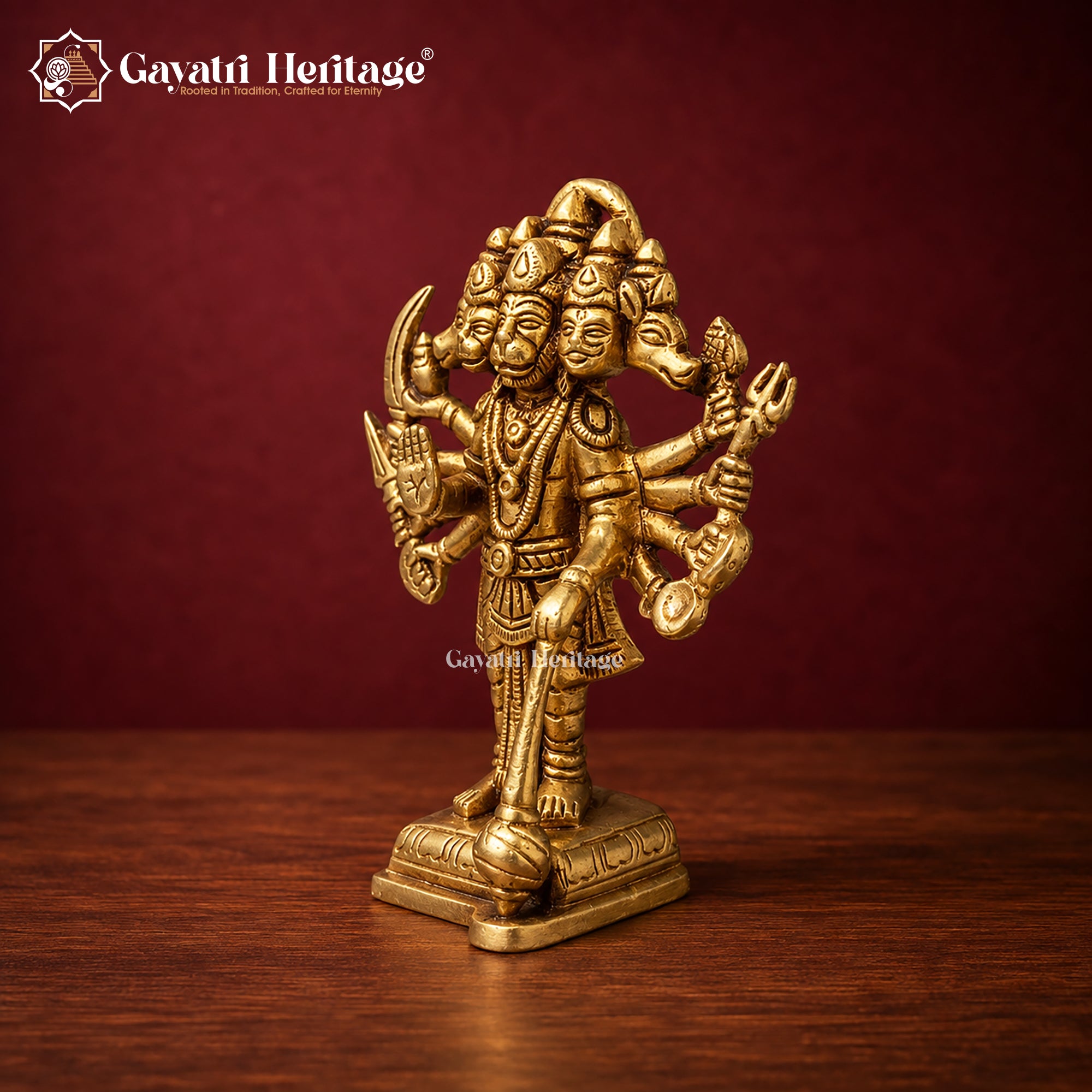Small Brass Panchmukhi Hanuman Idol | Five-Faced Hanuman Murti | Multi-Armed Statue with Gada | Handcrafted Hindu Pooja Decor