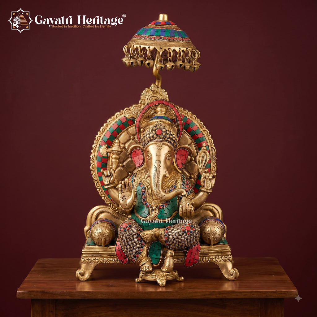 Large Brass Ganesha Idol on Throne with Chatri | Stone Inlay Ganpati Sculpture