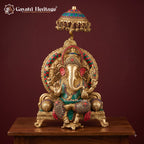 Large Brass Ganesha Idol on Throne with Chatri | Stone Inlay Ganpati Sculpture