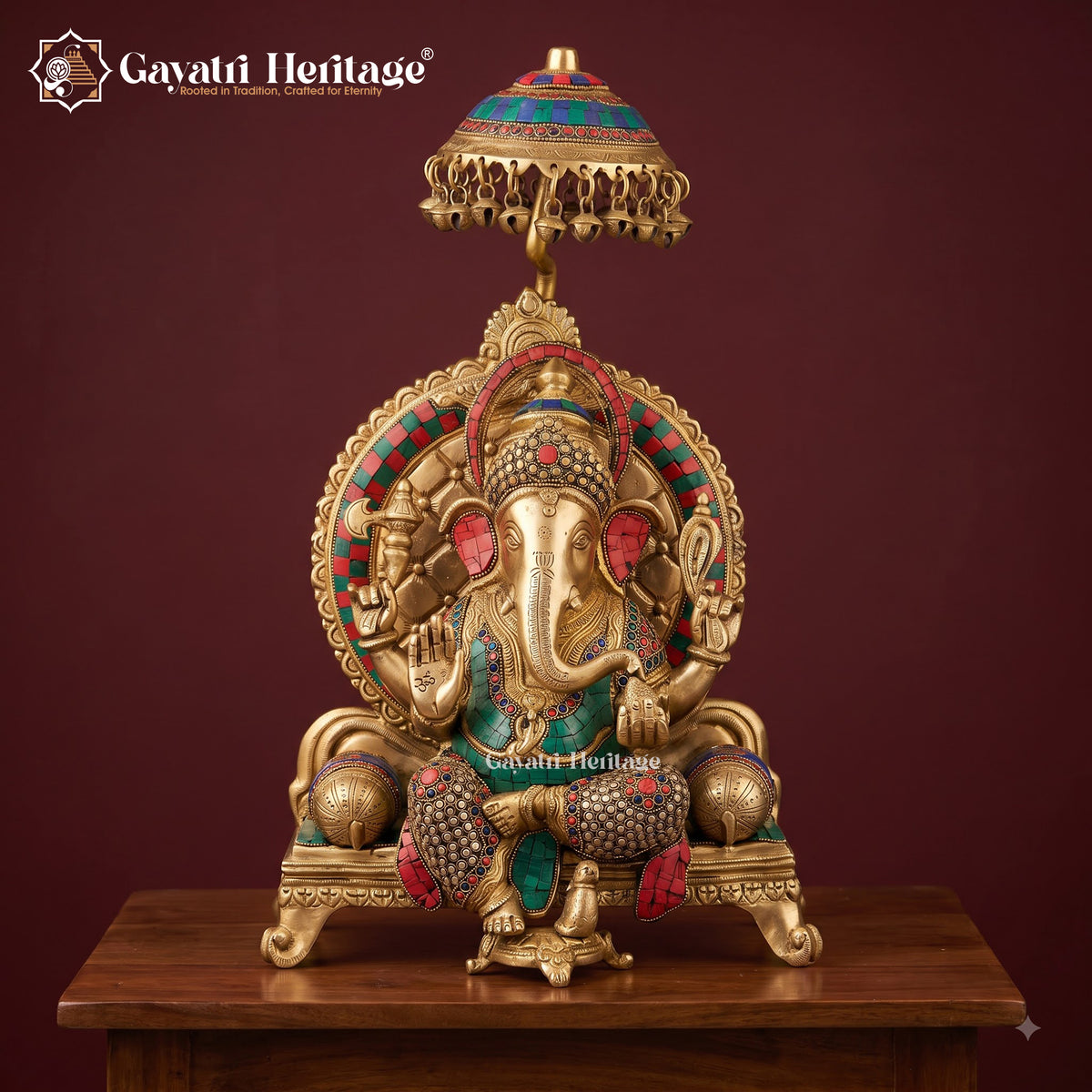 Large Brass Ganesha Idol on Throne with Chatri | Stone Inlay Ganpati Sculpture