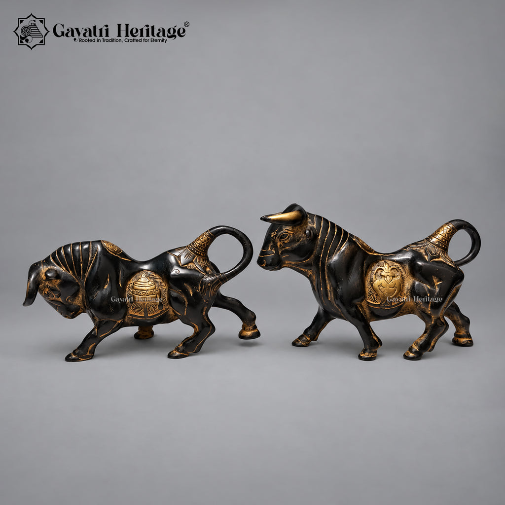 Brass Bull Statue Pair | Antique Black & Gold Finish | Symbol of Power & Prosperity