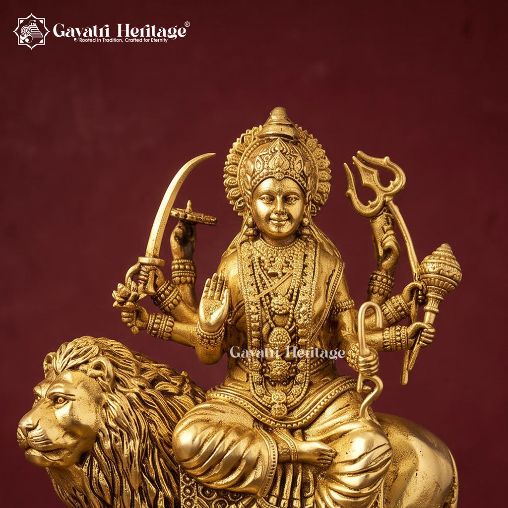 Brass Durga Maa Idol on Lion | Handcrafted Hindu Goddess Statue with Ornate Base