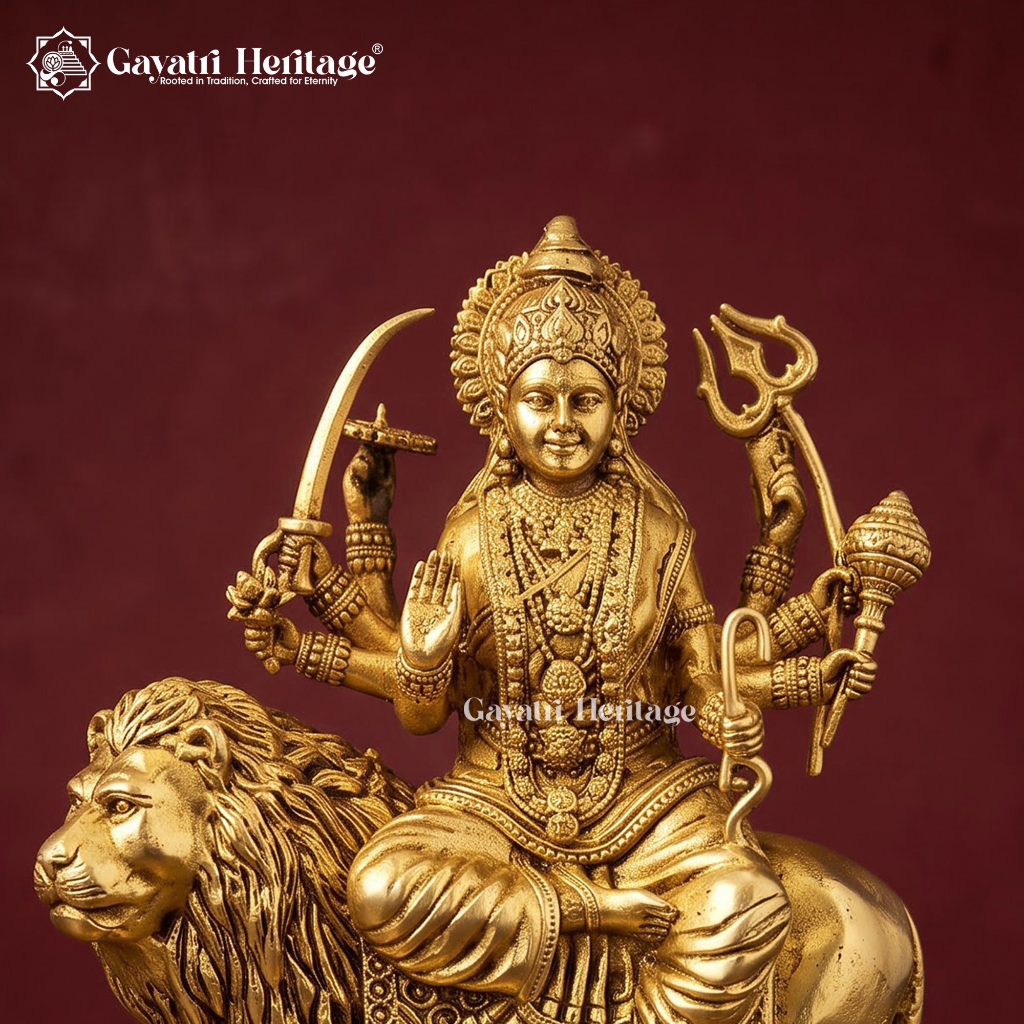 Brass Durga Maa Idol on Lion | Handcrafted Hindu Goddess Statue with Ornate Base
