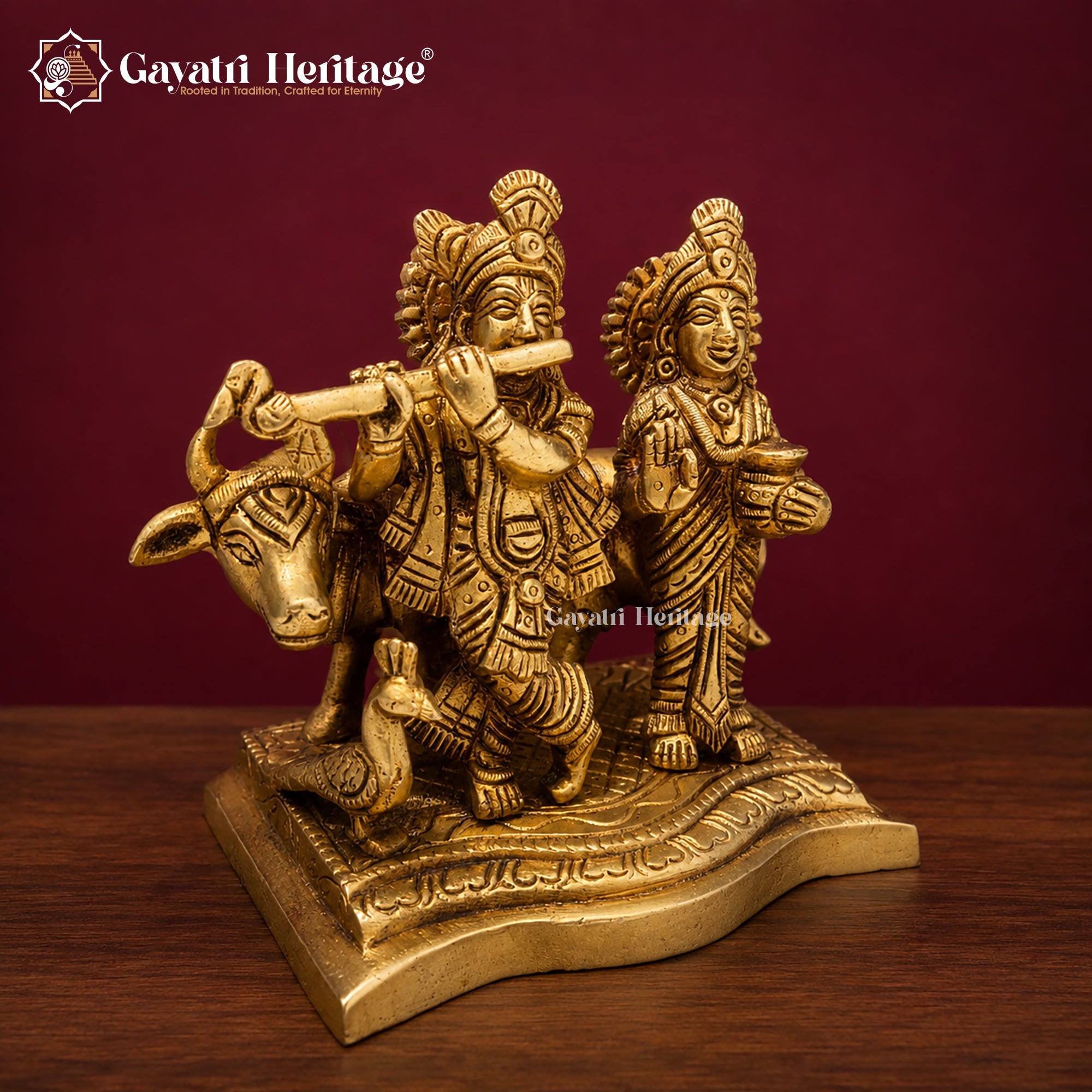 Brass Radha Krishna Statue with Cow | Antique Gold Flute Idol | Handcrafted Hindu Murti | Radha Krishna Pooja Decor | Spiritual Gift