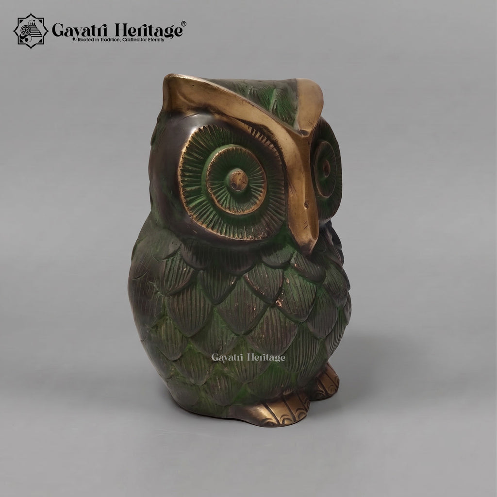 Brass Owl Statue | Antique Old Green & Gold Finish | Feng Shui Owl Figurine | Home Decor
