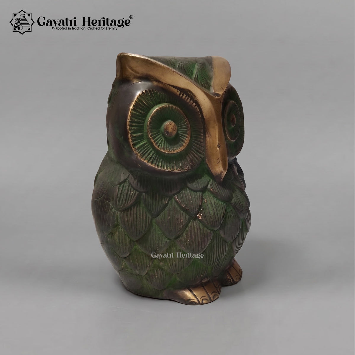 Brass Owl Statue | Antique Old Green & Gold Finish | Feng Shui Owl Figurine | Home Decor