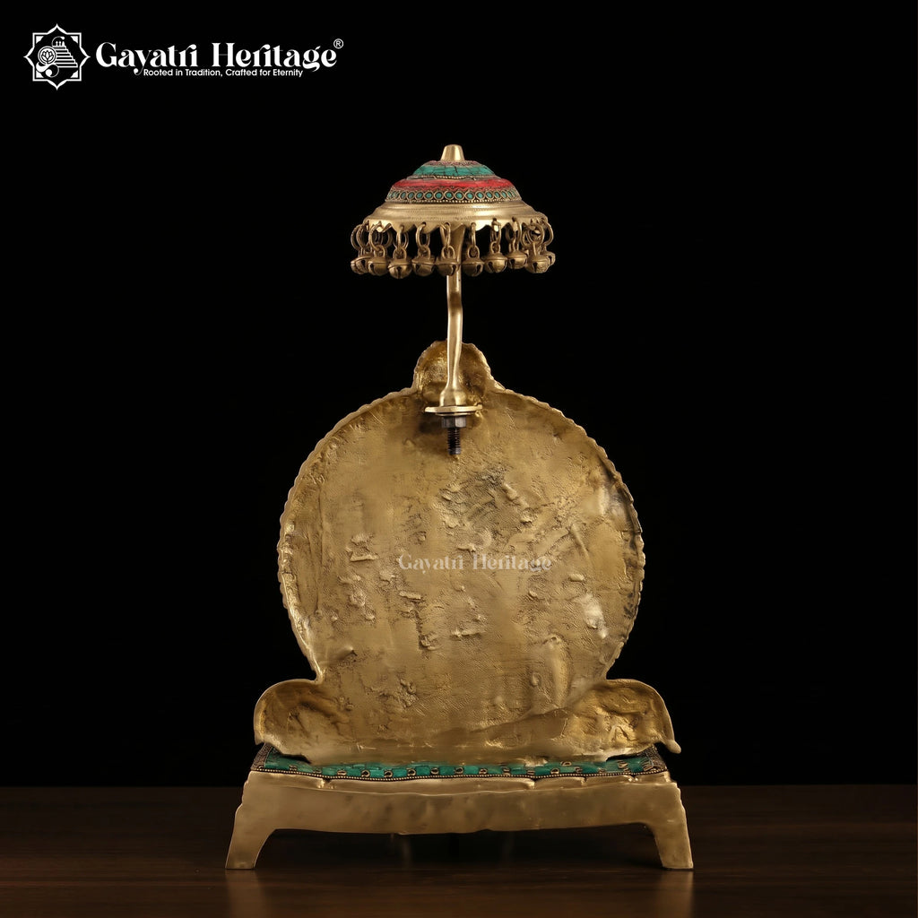 Brass Ganesha Idol with Umbrella Canopy | Stone Inlay Ganesh Statue on Throne