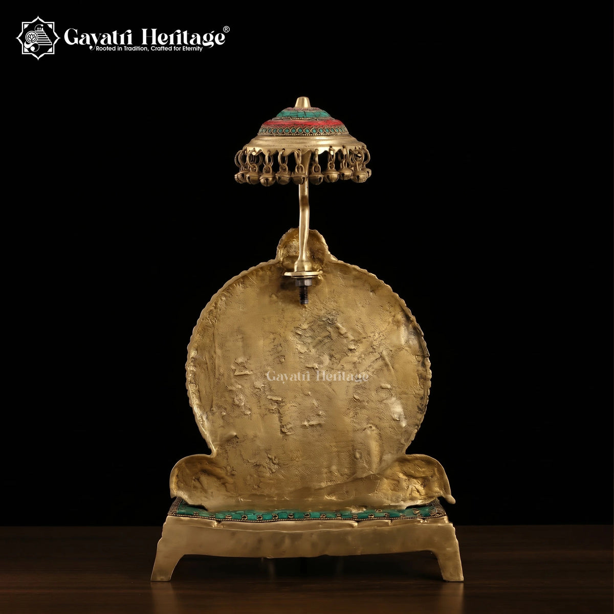 Brass Ganesha Idol with Umbrella Canopy | Stone Inlay Ganesh Statue on Throne