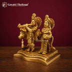 Brass Radha Krishna Statue with Cow | Antique Gold Flute Idol | Handcrafted Hindu Murti | Radha Krishna Pooja Decor | Spiritual Gift