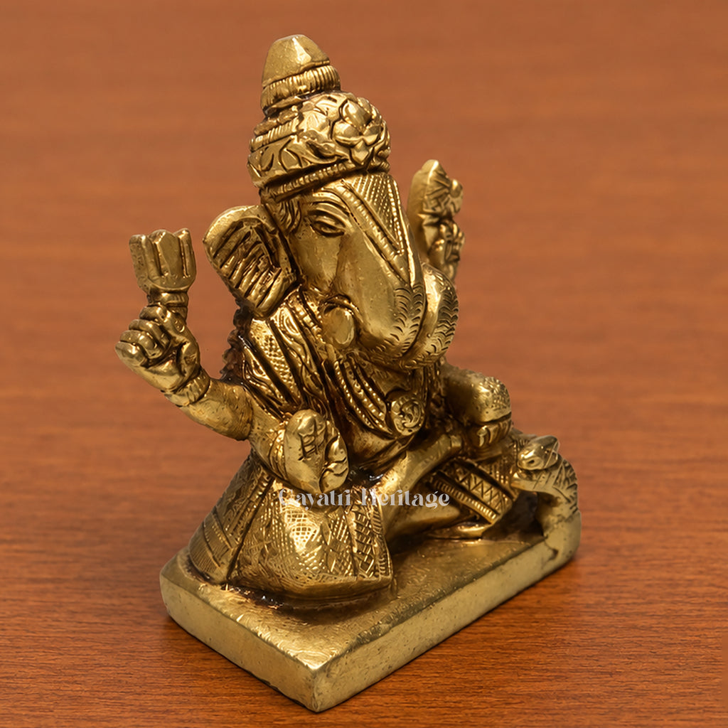 Small Brass Ganesha Idol | Antique Gold Seated Ganesh Murti | Handcrafted Car Dashboard & Home Temple Decor | Spiritual Gift