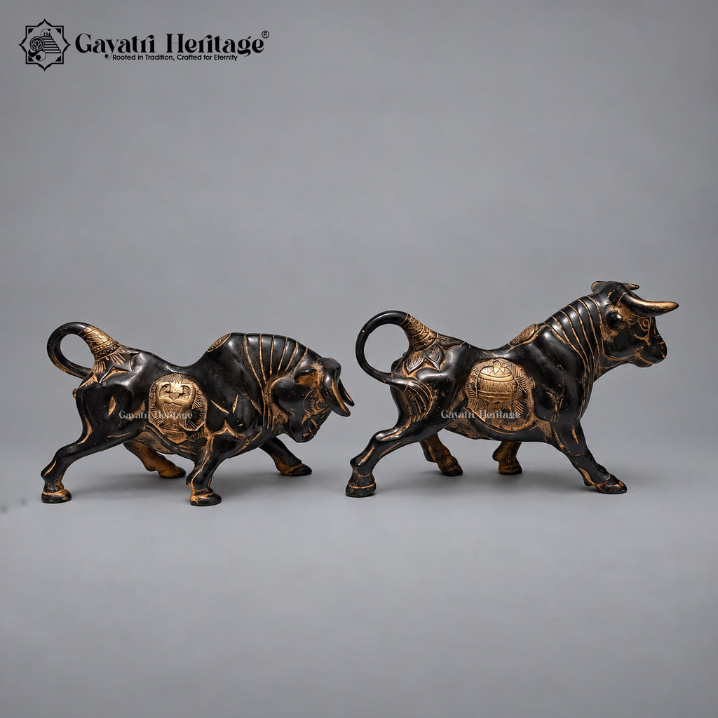 Brass Bull Statue Pair | Antique Black & Gold Finish | Symbol of Power & Prosperity