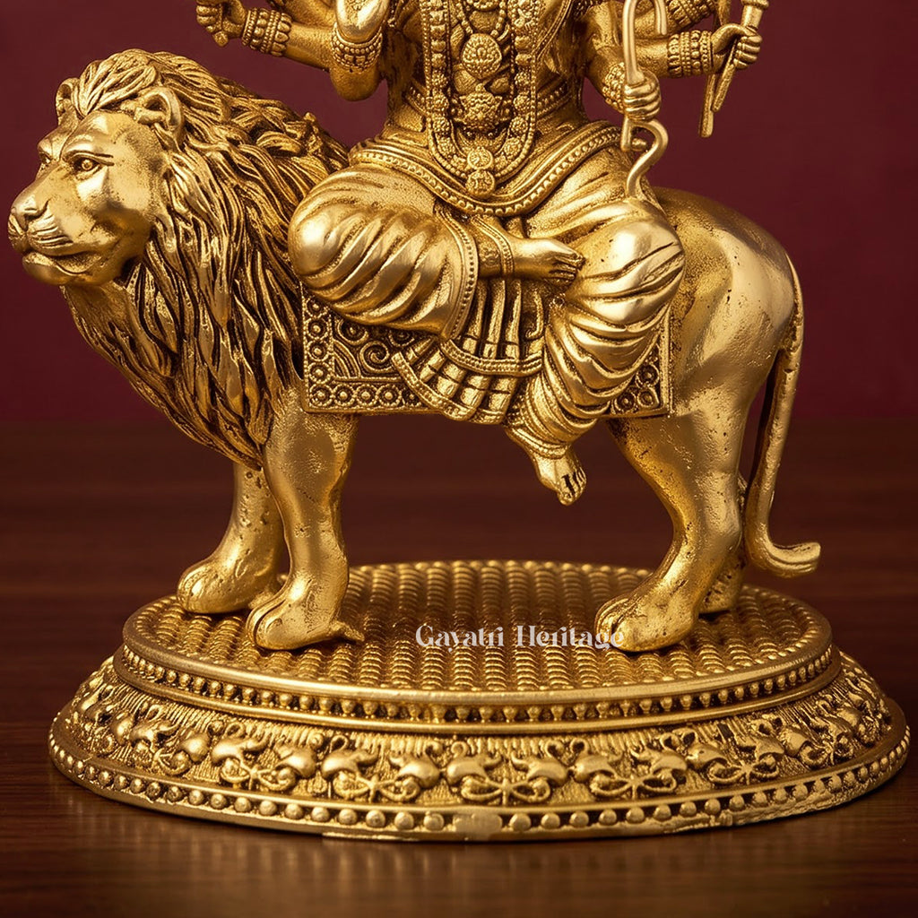 Brass Durga Maa Idol on Lion | Handcrafted Hindu Goddess Statue with Ornate Base