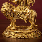 Brass Durga Maa Idol on Lion | Handcrafted Hindu Goddess Statue with Ornate Base