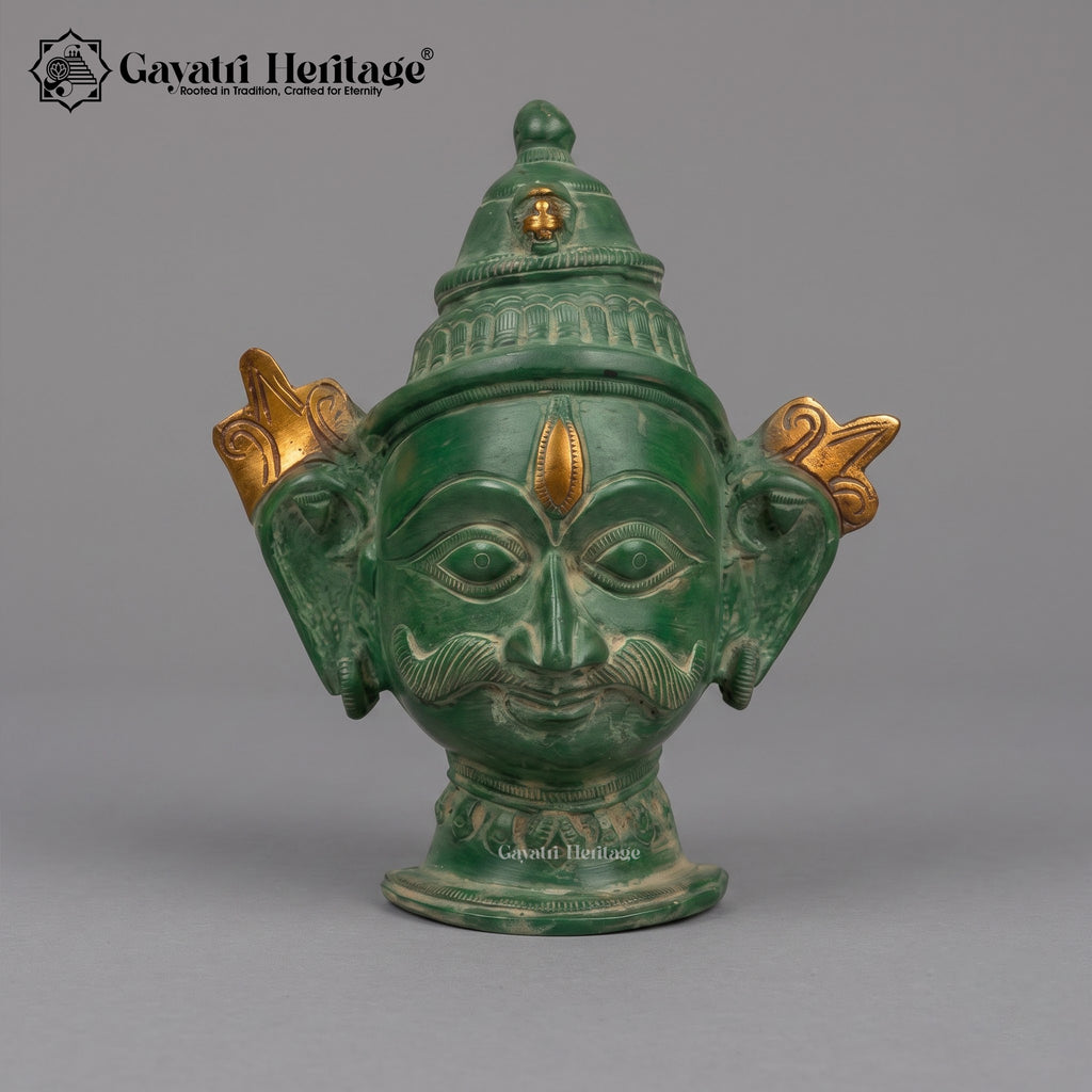 Brass Shiva Parvati Face Wall Decor Set – Antique Green & Gold Finish, Handcrafted Hindu Deity Mukha