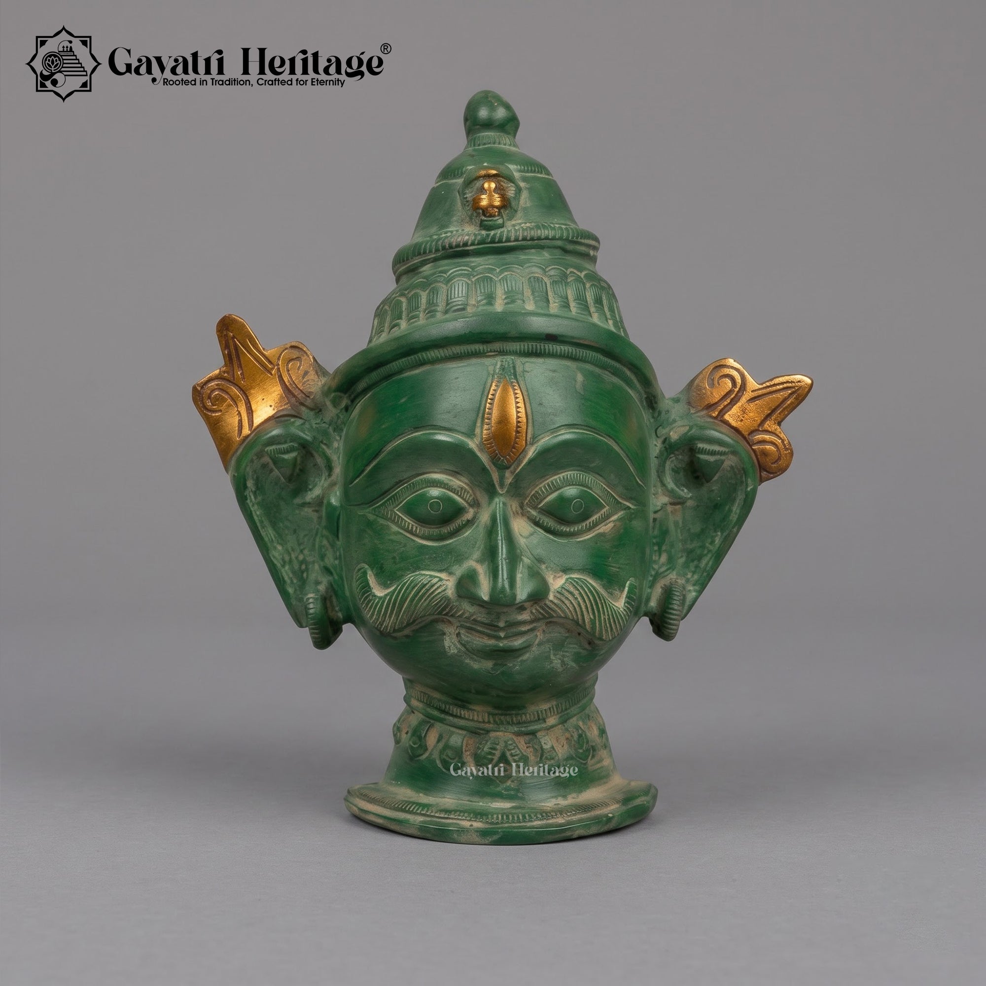 Brass Shiva Parvati Face Wall Decor Set – Antique Green & Gold Finish, Handcrafted Hindu Deity Mukha