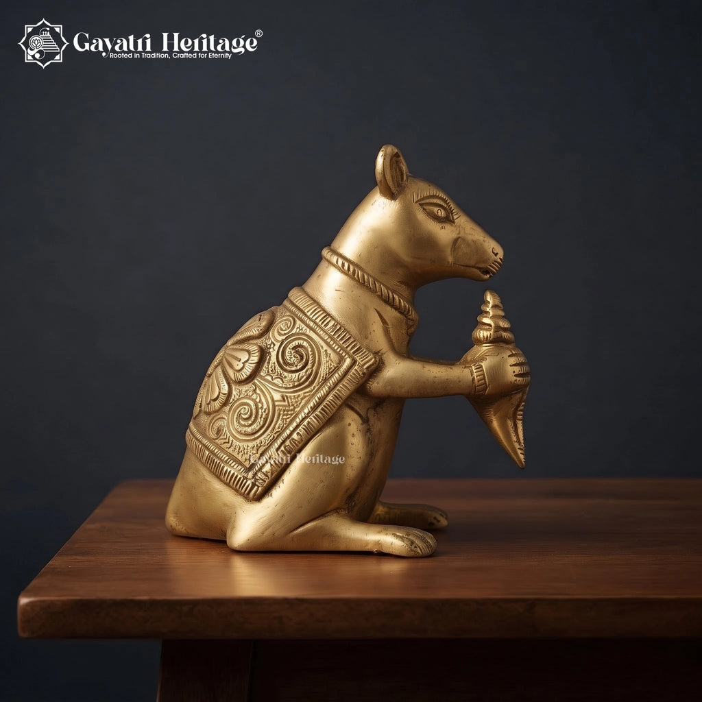 Brass Mushak with Shankh Statue | Ganesha’s Rat Vahana Conch Shell Figurine