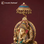 Large Brass Ganesha Idol on Throne with Chatri | Stone Inlay Ganpati Sculpture