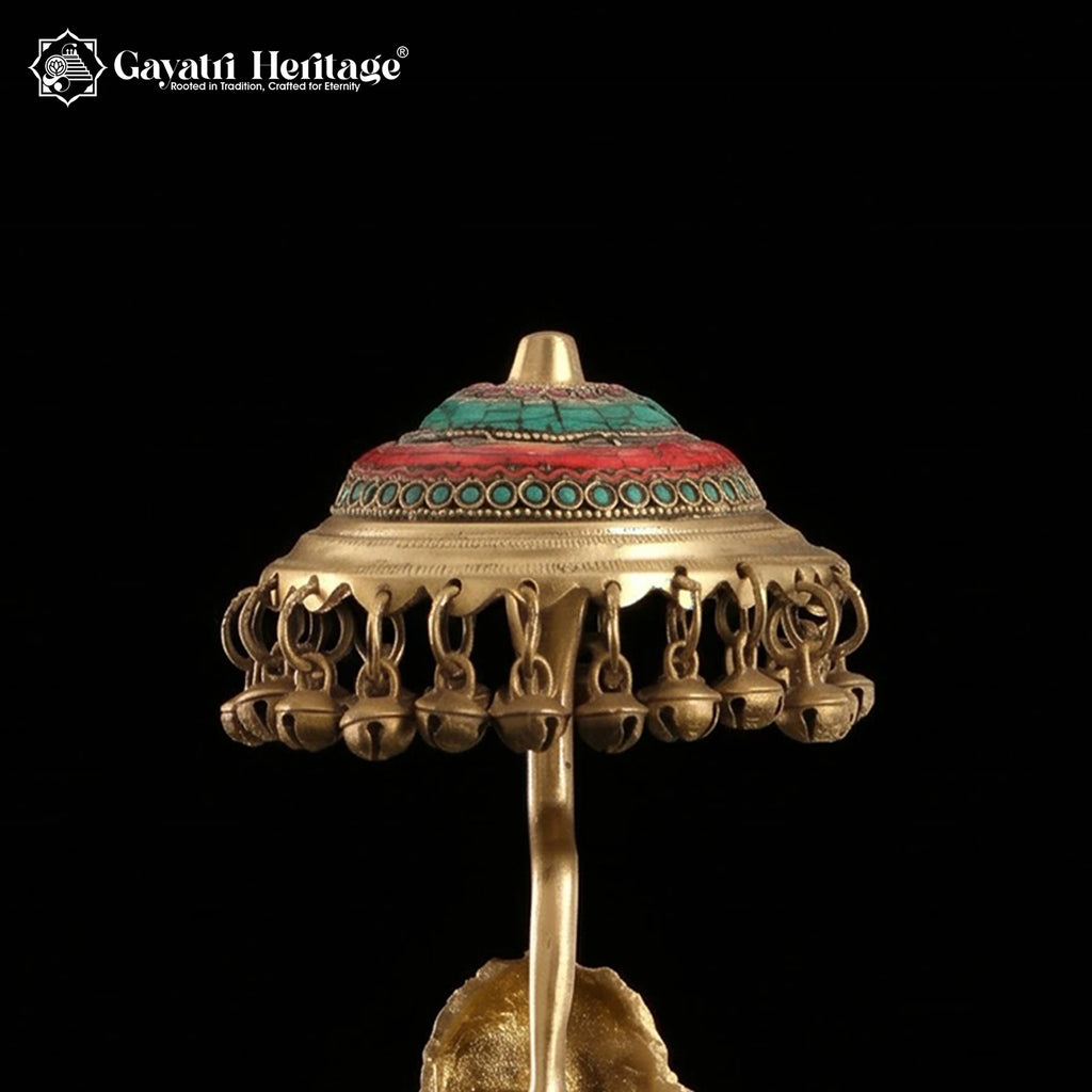 Brass Ganesha Idol with Umbrella Canopy | Stone Inlay Ganesh Statue on Throne
