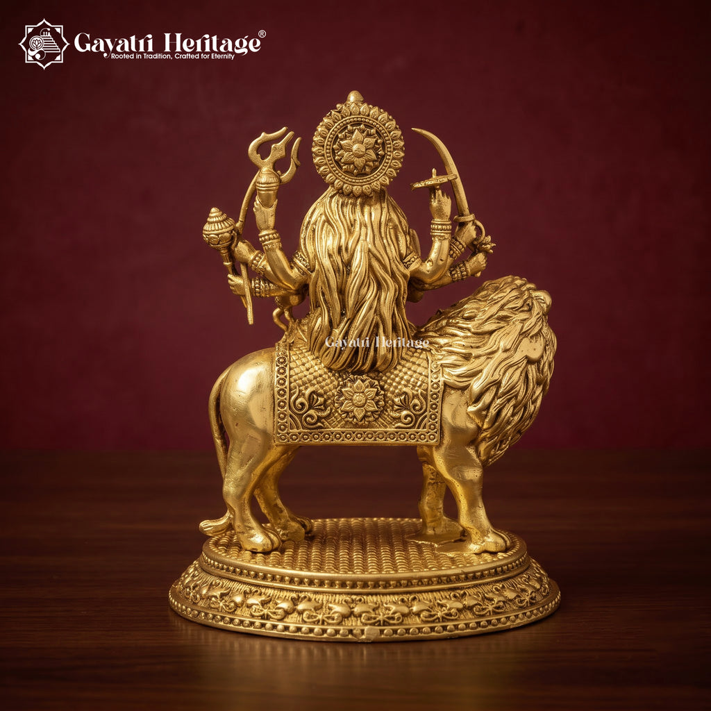 Brass Durga Maa Idol on Lion | Handcrafted Hindu Goddess Statue with Ornate Base