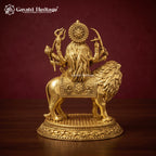 Brass Durga Maa Idol on Lion | Handcrafted Hindu Goddess Statue with Ornate Base