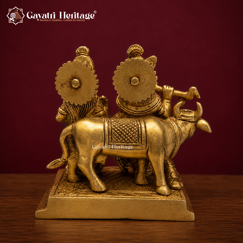 Brass Radha Krishna Statue with Cow | Antique Gold Flute Idol | Handcrafted Hindu Murti | Radha Krishna Pooja Decor | Spiritual Gift