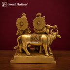 Brass Radha Krishna Statue with Cow | Antique Gold Flute Idol | Handcrafted Hindu Murti | Radha Krishna Pooja Decor | Spiritual Gift