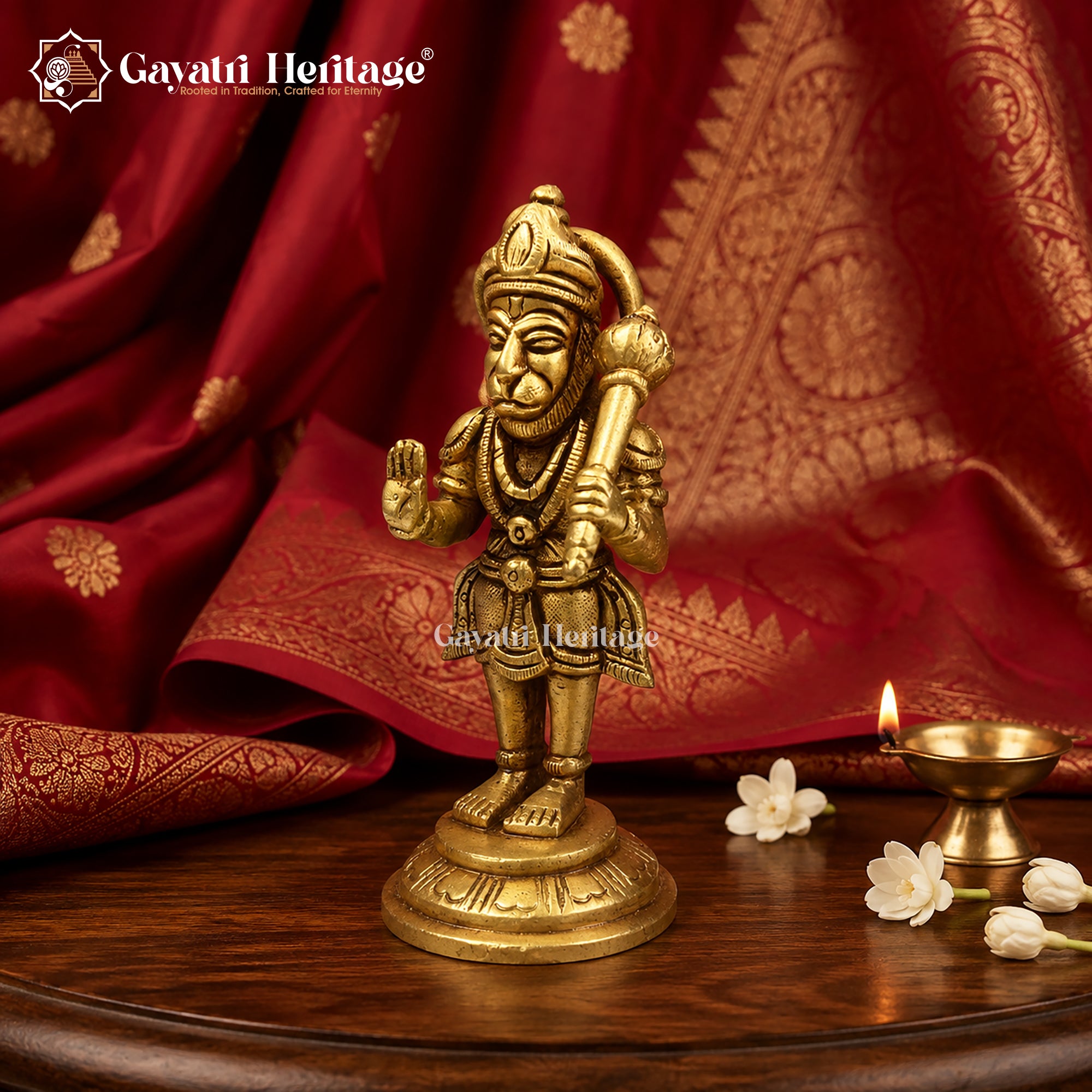 Brass Hanuman Idol | Antique Gold Bajrangbali Statue | Blessing Pose Sculpture | Handcrafted Hindu Murti | Pooja Room Decor & Gift