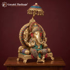 Large Brass Ganesha Idol on Throne with Chatri | Stone Inlay Ganpati Sculpture