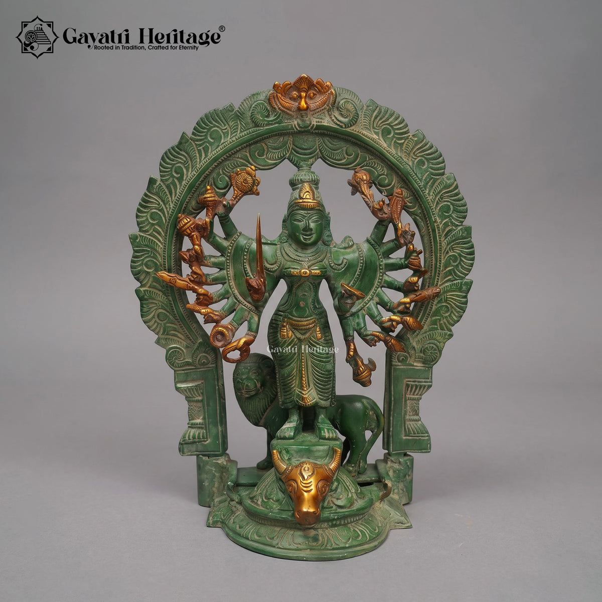 Brass Katyayani Mata Statue | Antique Green Patina with Gold Finish Durga Idol – 12 Inch