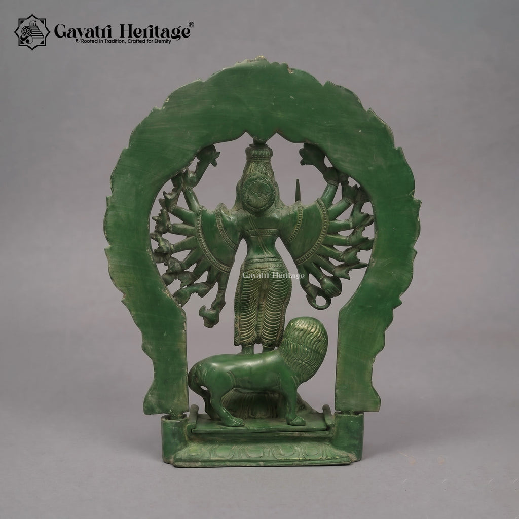 Brass Katyayani Mata Statue | Antique Green Patina with Gold Finish Durga Idol – 12 Inch